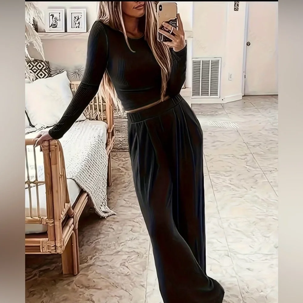 Elegant Black 2 Piece Outfit Long Sleeve, High Wait Wide Leg Pants - Picture 2 of 8